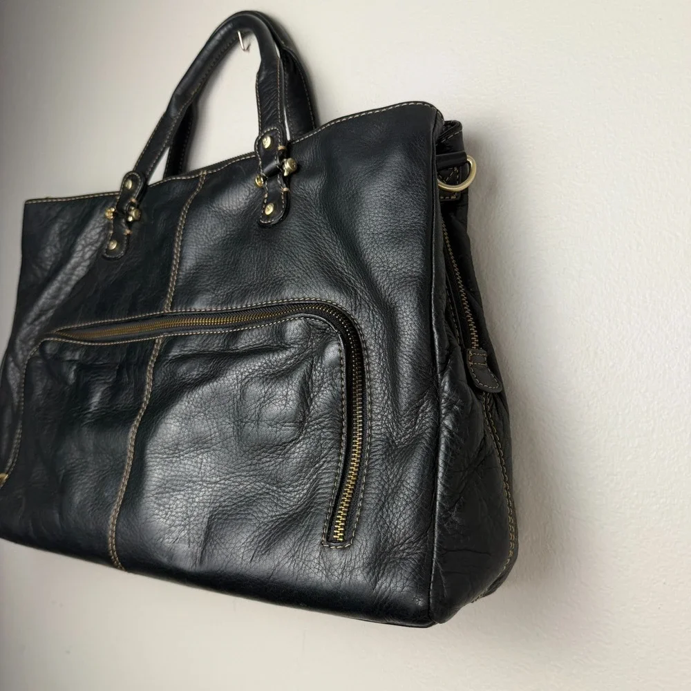 Liz Claiborne Briefcase Tote Bag Women's Black Leather Contrast Stitch Front Zip